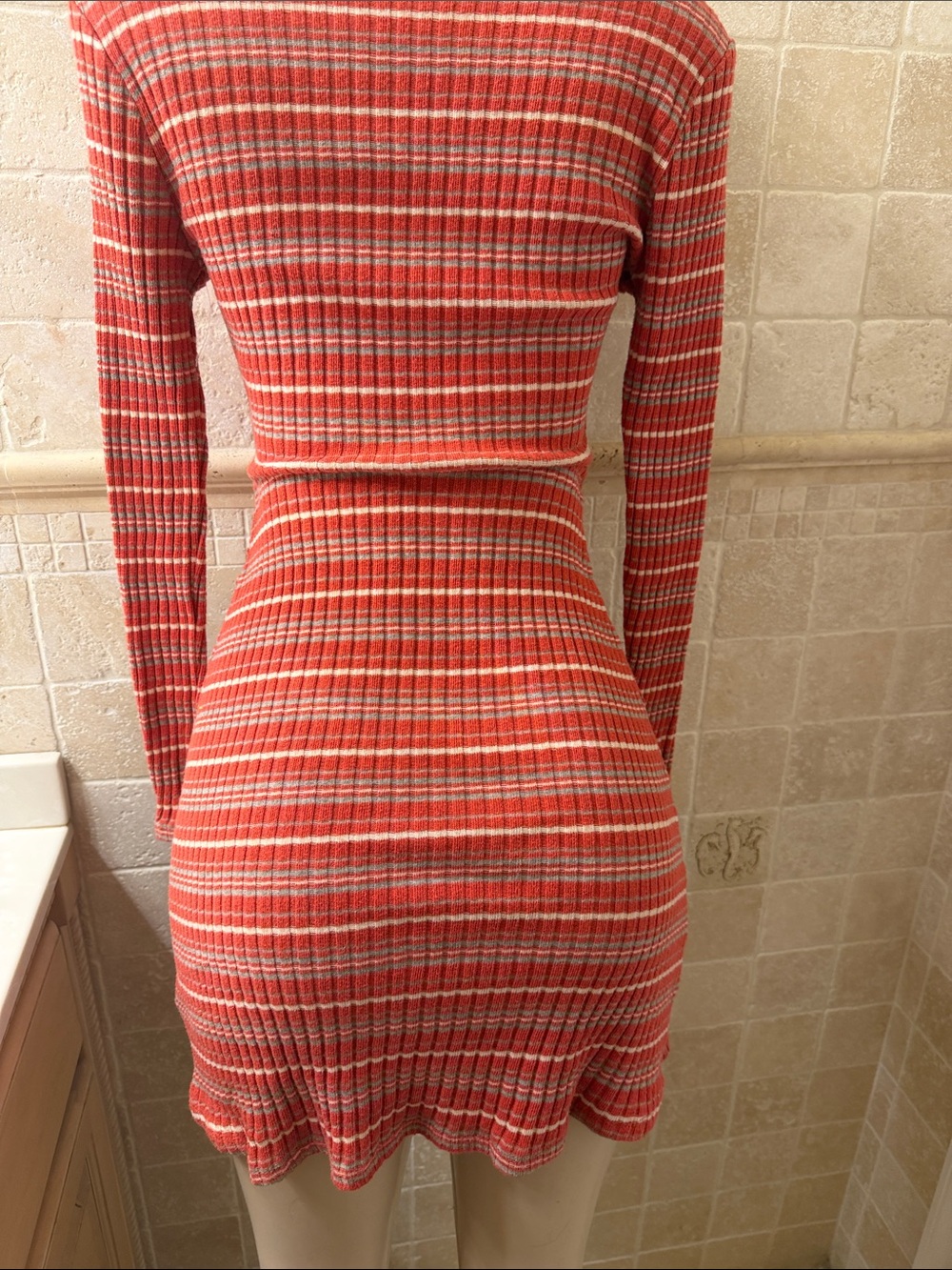 Women’s Ribbed Button-Front Red Striped Dress - Picture 6 of 6